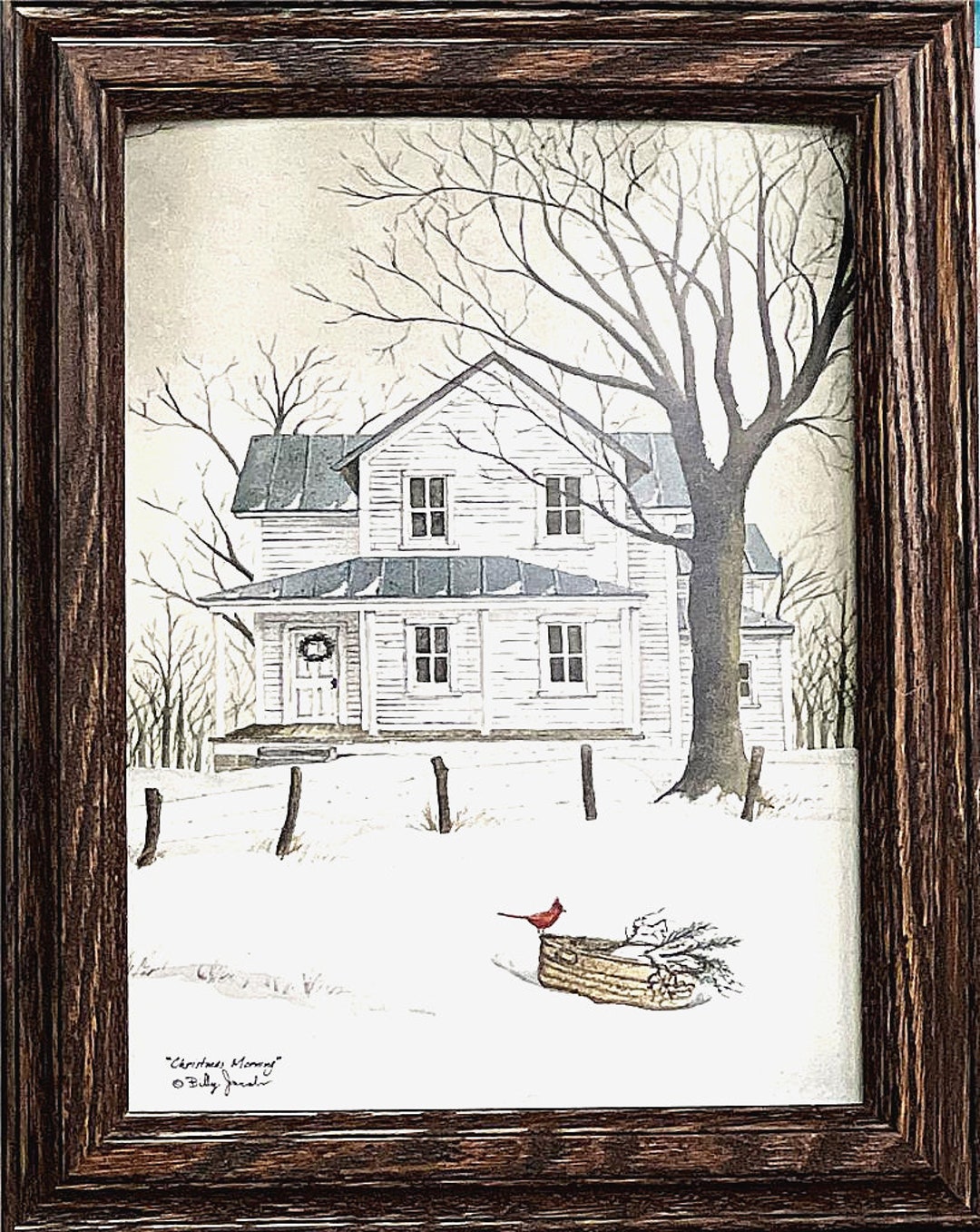 Billy Jacobs Christmas Morning Cardinal Farm Art Printframed 11.5 X 14
