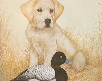 Carl Melichar Hunting Dog Print Yellow Lab Puppy with Bluebill Decoy S/N (12"x15")