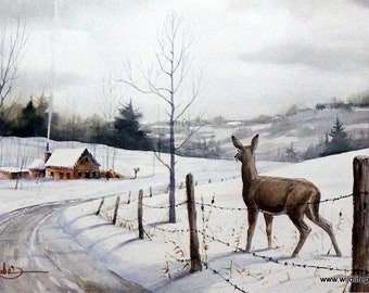 New Years Day Deer Winter Art Print By Les Kouba Signed and Numbered 12" x 7.75"