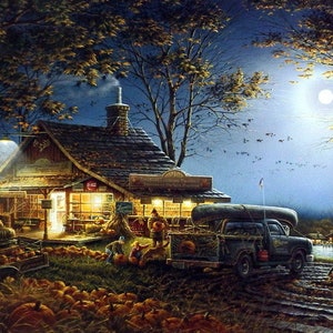 May include: A painting of a rustic cabin with a porch light, surrounded by pumpkins and trees. A pickup truck with a canoe in the bed is parked in front of the cabin. The moon is shining brightly in the night sky.
