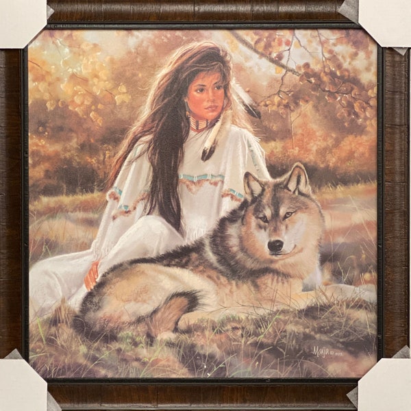 Maija Aspen Gold Native American Wolf and Maiden Art Print-Framed 27 x 27