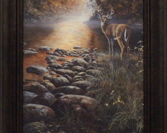 Jim Hansel "Beside Still Waters" Deer Framed Decorator Print 10.25x 14.5"