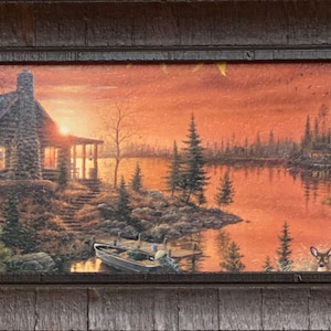Mark Daehlin Autumn Evening Cabin Lake Print-Framed 28.5 x 13