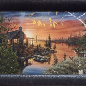 Mark Daehlin Autumn Evening Lake Cabin Textured Print-Framed 19 x 13
