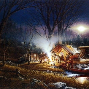 May include: A painting of a campsite at night with a campfire, a tent, and a canoe. The scene is lit by the moon and the campfire. There are trees in the background.