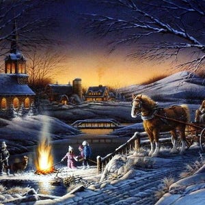 May include: A winter landscape painting depicts a horse-drawn carriage, a bonfire, and a church. The scene is set at dusk, with snow-covered ground and trees. The sky transitions from dark blue to orange.