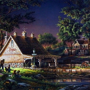 May include: A painting of a rural scene with a barn, a house, and a pond. The barn is a wooden structure with a large, open door. The house is a two-story building with a porch. The pond is surrounded by trees and grass. There are people fishing in the pond.