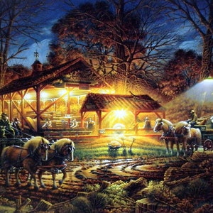 May include: A painting of a rustic scene with a wooden barn lit up at night. Two horses pull a wagon with a group of people standing around the barn. The scene is set in a forest with trees in the background.