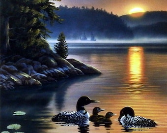 May include: A painting of a family of loons swimming in a lake at sunset. The loons are black and white with red eyes. The lake is calm and the water is reflecting the orange and yellow colors of the sunset. There are lily pads and flowers in the water.