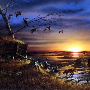 May include: A painting of a sunset over a lake with a group of people and a dog standing on a hill. There is a wagon in the foreground with a tree behind it. The sky is a mix of blue and orange.