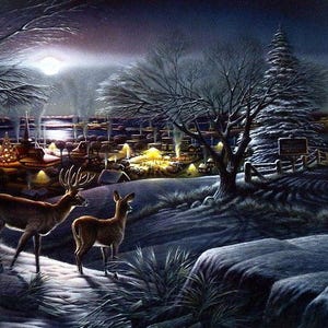 May include: A winter landscape painting featuring two deer in a snowy forest. The scene is illuminated by a full moon and the warm glow of lights from a distant town. Bare trees and a snow-covered evergreen add to the wintry atmosphere.