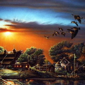 May include: A painting of a rural scene with a barn, trees, and a lake at sunset. A flock of geese fly overhead in a V formation against a cloudy sky.