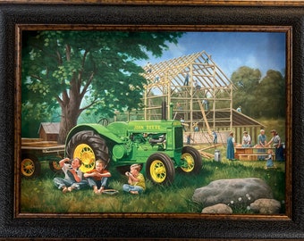 Charles Freitag The Barn Raising Country Farm Art Print-Framed 12 x 9