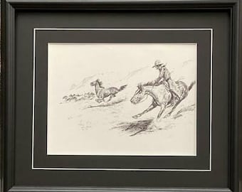 Keeping the herd together by Will James Art Print-Framed 20 x 17