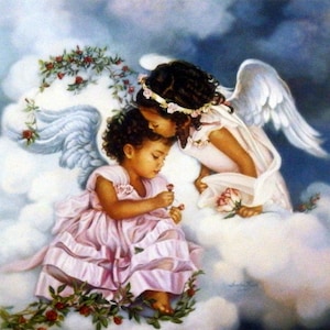 May include: Two young girls with dark brown hair, one with white angel wings, are depicted in a painting. The girl with wings is wearing a white dress and a flower crown. The other girl is wearing a pink dress and holding a flower. Both girls are surrounded by clouds and flowers.