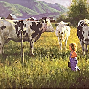 May include: A young girl in a purple dress stands in a field, looking at three black and white cows. The cows are standing behind a fence, and the girl is holding a small bucket. The scene is set in a rural area with rolling hills in the background.