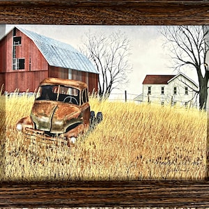 Grandad&#39;s Old Truck By Billy Jacobs Farm Barn Hand Textured Art Print-Framed 14.5 x 11.5