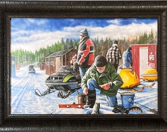 Kevin Daniel Good Old Days Snowmobile Ice Fishing Art Print 22 x 16