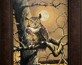 John Rossini The Sentinel Owl Farm Night Moon Art Print-Framed 17.5 x 21.5