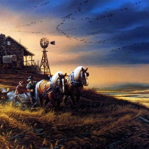 May include: A painting of a rustic log cabin with a windmill in the background. Two horses pull a wagon in a field of tall grass. The sky is a vibrant blue with a flock of birds flying overhead.