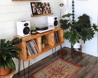Vinyl Record Storage Record Player Cabinet Vinyl Record Holder Turntable Stand Customizable Handmade Vinyl shelves Tall Metal Legs 32” Tall