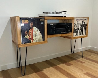 Handmade Wood Vinyl Record Player Stand with Front Flip Storage