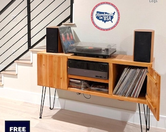 Real Wood TV Stand with Record Storage & Doors, Handmade - Personalized