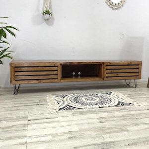 Low profile Tv Stand, Media Console, Entertainment Center for Tv, Media Cabinet with Modern Slat Doors, 85 inch Tv Stand Solid Wood, Custom