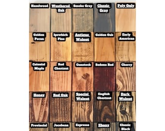 May include: A chart of 20 different wood stain colors, including Hazelwood, Weathered Oak, Smoke Gray, Classic Gray, Poly Only, Golden Pecan, Ipswich Pine, Antique Walnut, Golden Oak, Early American, Colonial Maple, Red Chestnut, Gunstock, Sedona Red, Cherry, Honey, Red Oak, Special Walnut, English Chestnut, Dark Walnut, Provincial, Jacobean, Espresso, Ebony, and Classic Black.