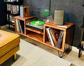 Mid-Century Modern Vinyl Record Storage Cabinet, Wooden Turntable Stand