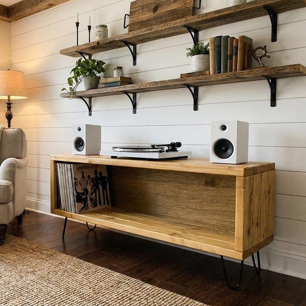 Soporte para tocadiscos con almacenamiento para vinilos, hecho a mano en EE. UU.