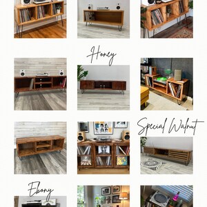 May include: A collage of nine images showcasing different wood stain colors for a record player stand. The stains are Antique Walnut, Honey, Special Walnut, and Ebony. Each image shows a different record player stand with the same design but different wood stain colors.