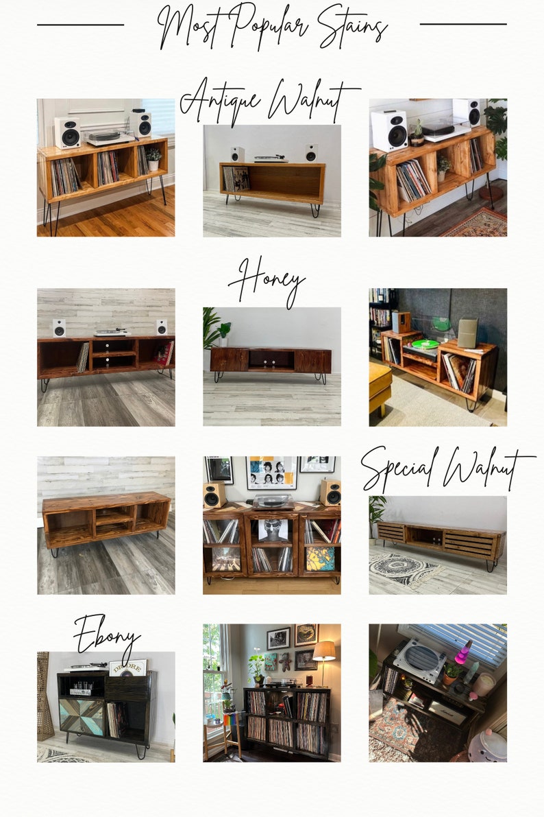 May include: A collage of nine images showcasing different wood stain colors for a record player stand. The stains are Antique Walnut, Honey, Special Walnut, and Ebony. Each image shows a different record player stand with the same design but different wood stain colors.