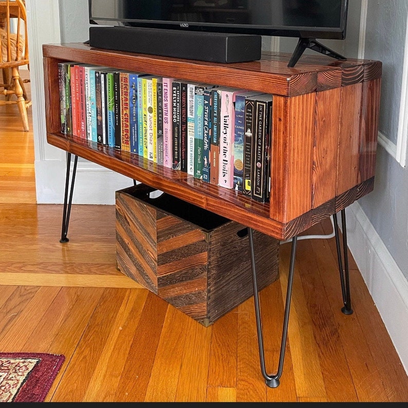 Industrial Style TV Stand Custom Size Media Console Farmhouse Entertainment Center Pine Wood Storage Unit Hairpin Leg Design Display Shelf Large Screen Mount Living Room Furniture Rustic Look Home Theater Setup Adjustable Length