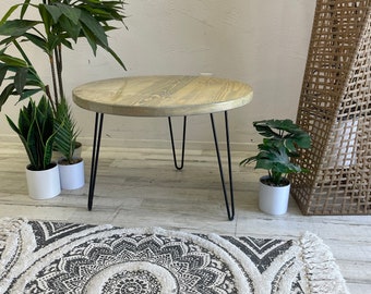 Ready to ship weathered oak 25” diameter coffee table with 16 inch hairpin legs. . No substitutions available