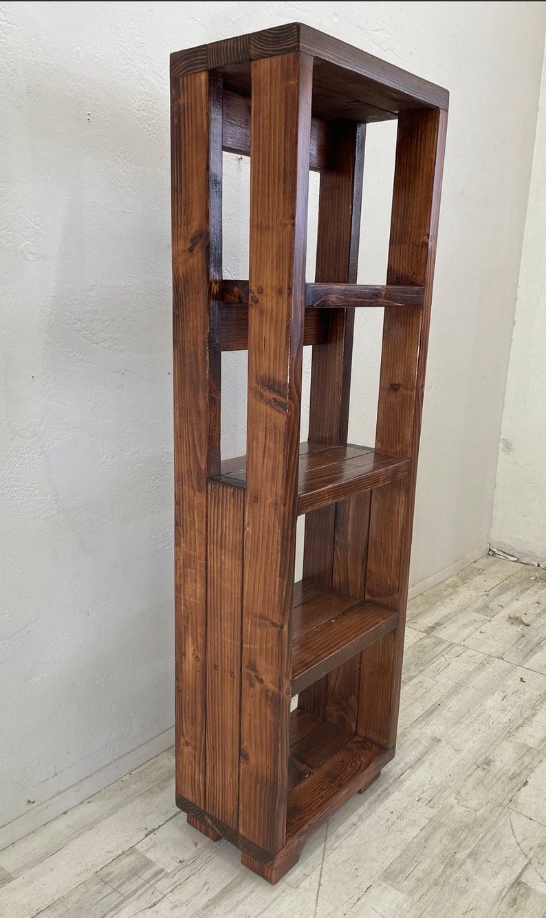 Rustic Home Library Storage Wooden Bookcase Display Unit Farmhouse Style Design Book Collection Organizer Reading Corner Creator Four Shelf System Solid Pine Construction Premium Storage Solution Mobile Display Rack Book Lover Essential