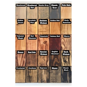 Classic Stain Chart of the free wood stains we offer. From grays (weathered oak and classic gray), to natural (poly only), to light walnut (antique walnut), reddish woods (sedona red and our most popular Honey), Dark walnut- browns, and Classic black