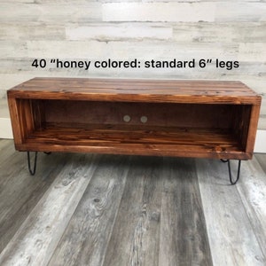 Storage Media Console Rustic TV Stand Custom Length Entertainment Center Pine Wood Construction Hairpin Leg Design Display Unit Large Screen Mount Living Room Furniture Farmhouse Style Home Theater Setup Adjustable Size Shelf