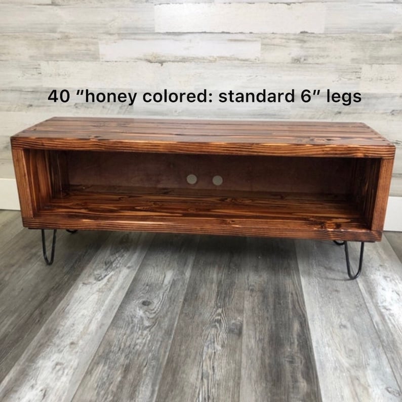 Storage Media Console Rustic TV Stand Custom Length Entertainment Center Pine Wood Construction Hairpin Leg Design Display Unit Large Screen Mount Living Room Furniture Farmhouse Style Home Theater Setup Adjustable Size Shelf