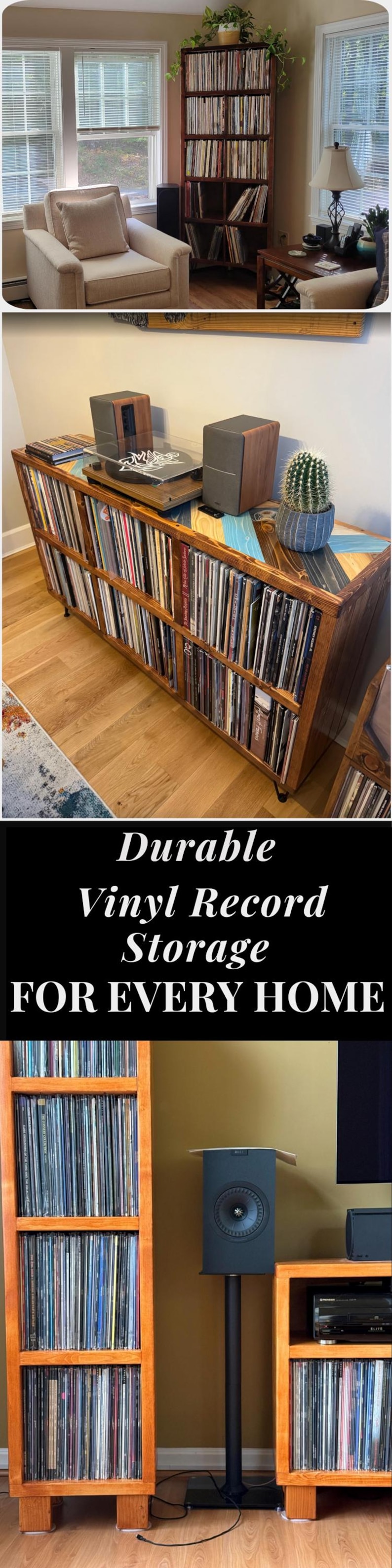 Durable Vinyl Record Storage for every home. Pinterest optimized image displaying vinyl records and storage ideas