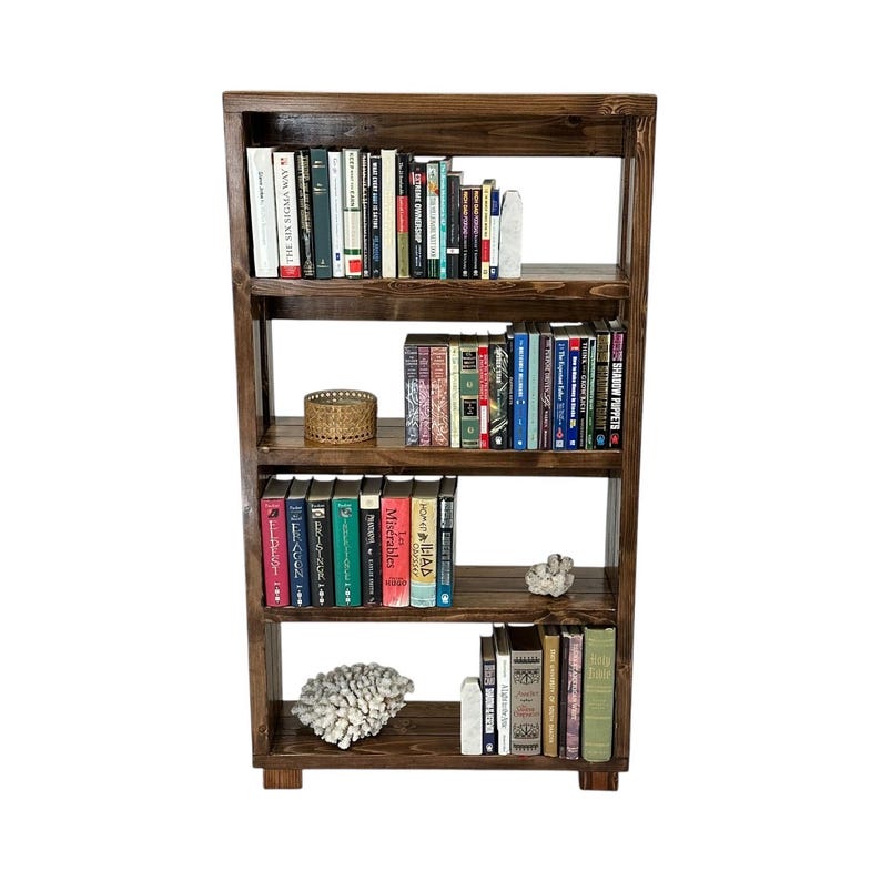 Wooden Bookcase Display Rustic Storage Solution Home Library Organizer Solid Pine Construction Four Shelf Design Reading Nook Creator Book Collection Storage Farmhouse Style Unit Mobile Storage Rack Premium Quality Build Book Lover Gift