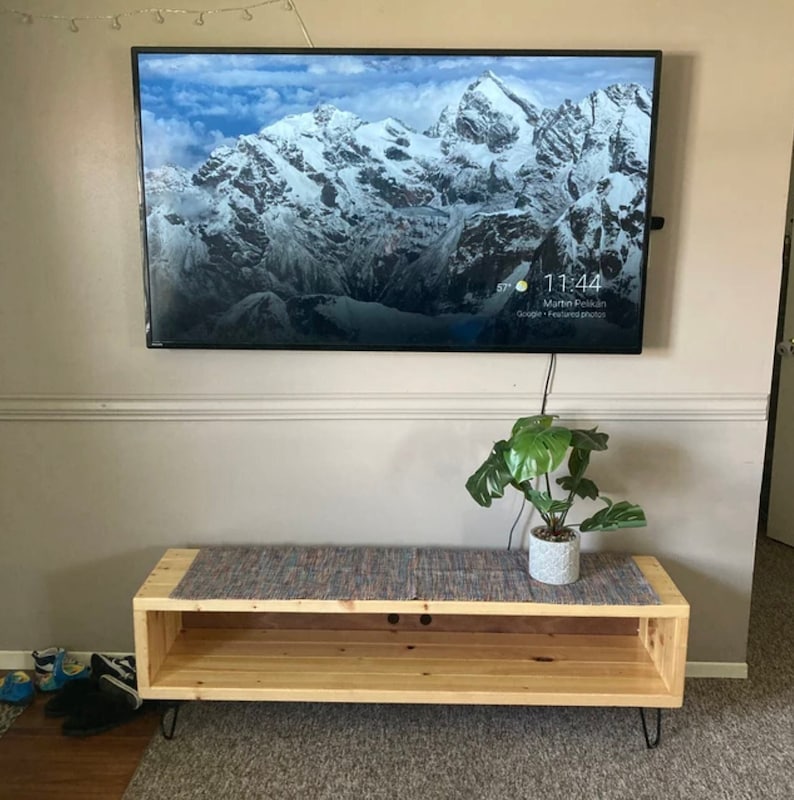 Custom Length TV Stand Media Storage Console Farmhouse Style Entertainment Center Pine Wood Construction Hairpin Legs Display Unit Large Screen Mount Home Theater Setup Rustic Industrial Design Living Room Furniture Adjustable Size Shelf
