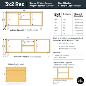 May include: Diagram of a 3x2 record storage unit with two shelves. The unit is 45 inches wide and 60 inches long. The shelves are 13.5 inches wide, 14.5 inches wide, 15 inches wide, 16.75 inches wide, 18.5 inches wide, and 23.5 inches wide. The unit has a weight capacity of 1,200 pounds and comes with 6-inch hairpin legs. The unit can be customized to desired width and height. The unit is made of wood and has a depth of 14 inches. The unit can hold up to 275 records.