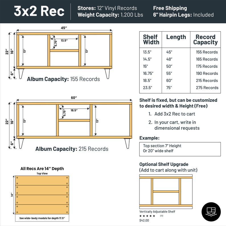 May include: Diagram of a 3x2 record storage unit with two shelves. The unit is 45 inches wide and 60 inches long. The shelves are 13.5 inches wide, 14.5 inches wide, 15 inches wide, 16.75 inches wide, 18.5 inches wide, and 23.5 inches wide. The unit has a weight capacity of 1,200 pounds and comes with 6-inch hairpin legs. The unit can be customized to desired width and height. The unit is made of wood and has a depth of 14 inches. The unit can hold up to 275 records.