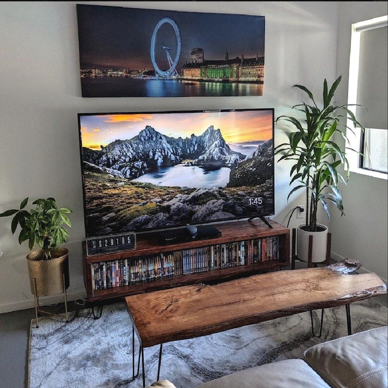 Farmhouse Media Console Custom Size TV Stand Pine Wood Construction Hairpin Leg Design Entertainment Center Storage Display Unit Living Room Furniture Large Screen Mount Rustic Style Home Theater Setup Adjustable Length Shelf Modern