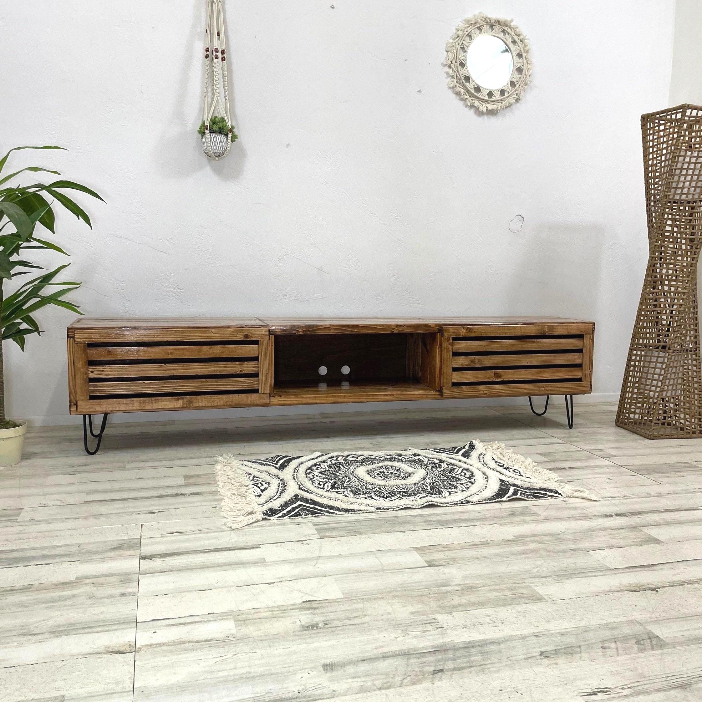 Solid Wood Low Profile TV Stand, Modern Slat Door Media Console