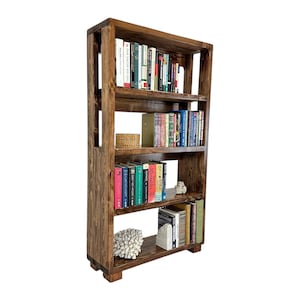 Farmhouse Style Bookcase Wooden Display Unit Home Library Storage Solution Book Collection Organizer Reading Nook Creator Solid Pine Construction Four Shelf System Premium Quality Build Mobile Storage Rack Display Essential Collection