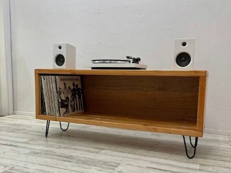 Record player stand with vinyl record storage
