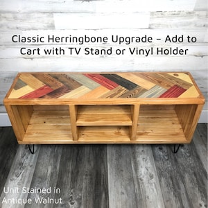 Classic Herringbone Top Upgrade Record Player Stand or Entertainment Center Living Room Furniture - Add to Cart with Base Unit