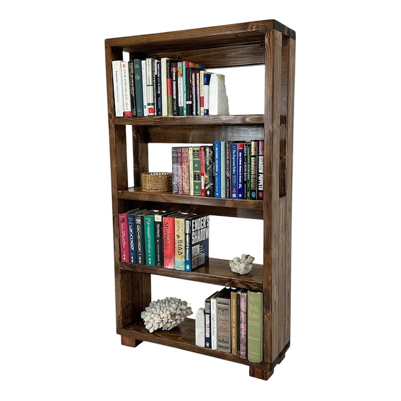 Home Library Display Wooden Storage Unit Rustic Style Bookcase Farmhouse Design Book Collection Organizer Reading Corner Creator Solid Pine Construction Four Shelf System Premium Quality Build Mobile Storage Essential Display Solution